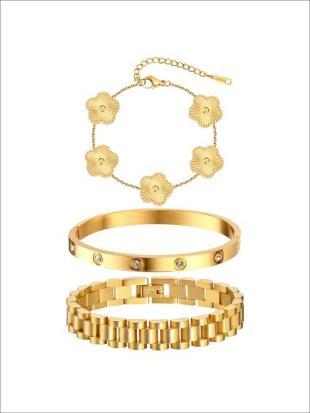 18K Gold Plated Stackable Bracelet Set Women 3 Pc Layered Clover Love Bangle